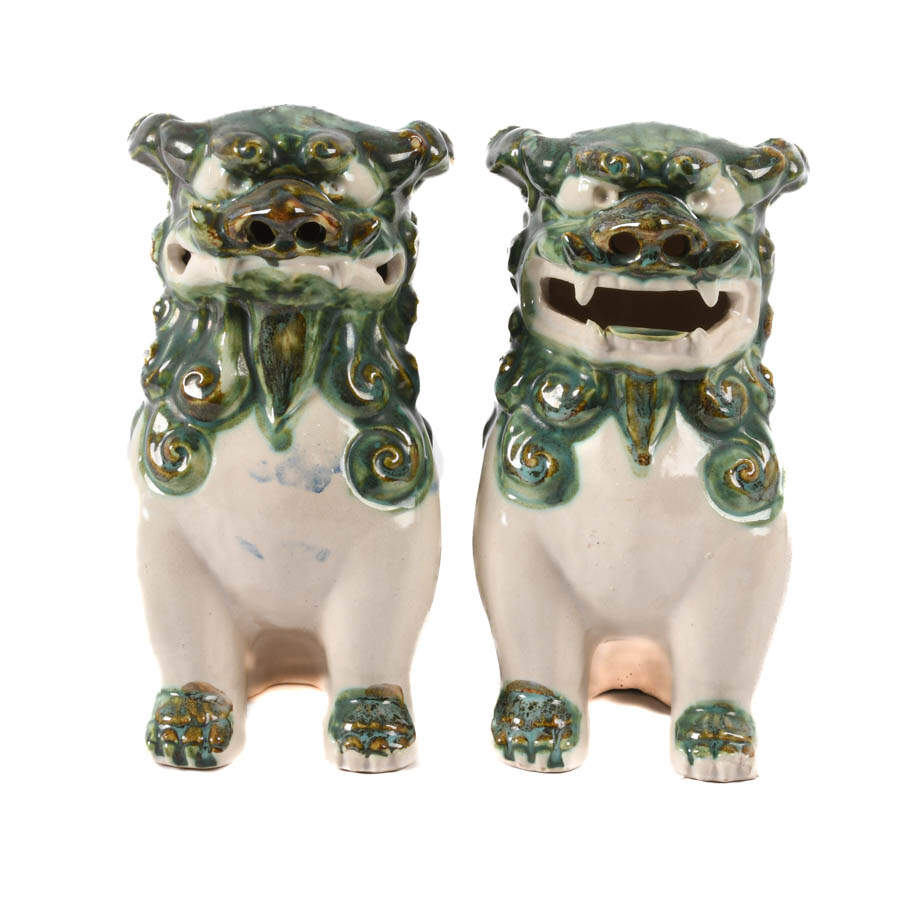Pair of Porcelain Chinese Imperial Lions Bookends-1