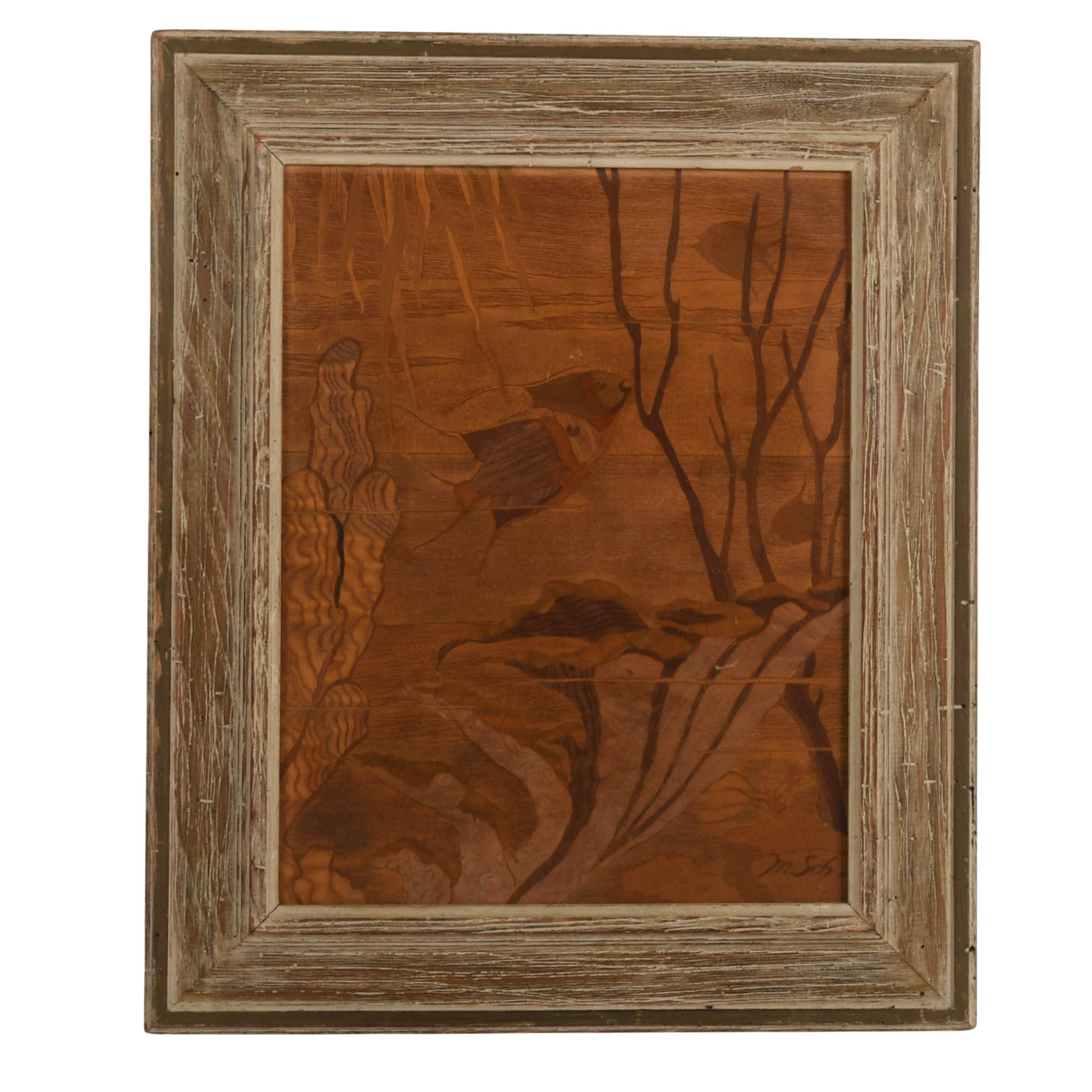 Signed Mathis Schuster Wood Marquetry "Tropical Fantasy" Framed Panel-1