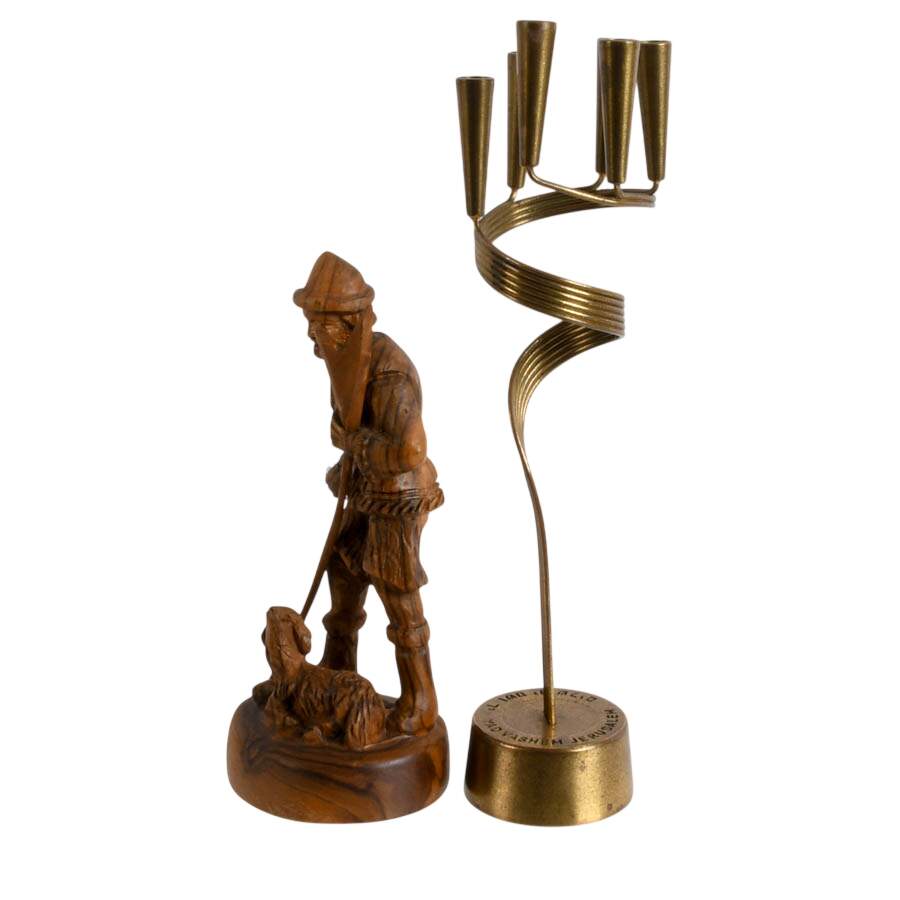 Israel Souvenir Items: Wood Shepherd and Holocaust Museum Candle Holder-2