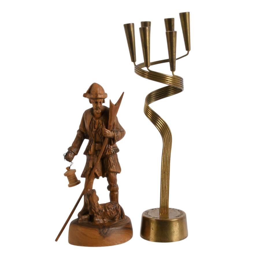 Israel Souvenir Items: Wood Shepherd and Holocaust Museum Candle Holder-1