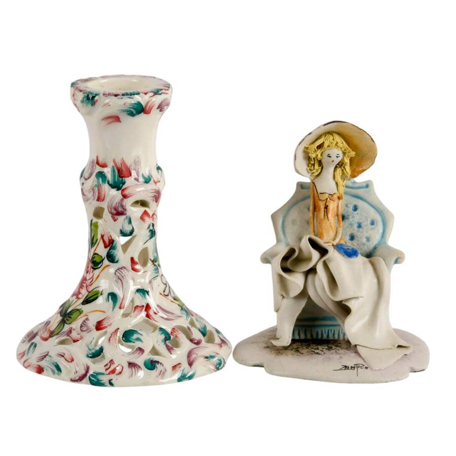 Two Italian Porcelain Décor including a Candlestick and Figurine-1