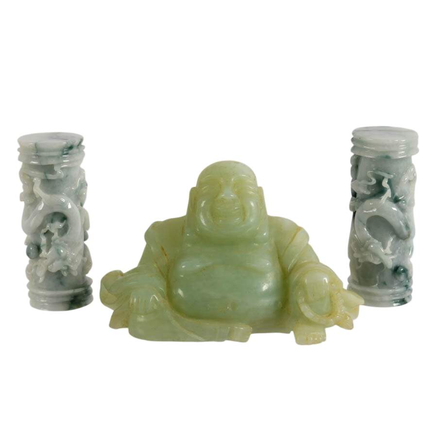 Pair of Boxed Stone Dragon Carved Trinkets and Soapstone Buddha-2