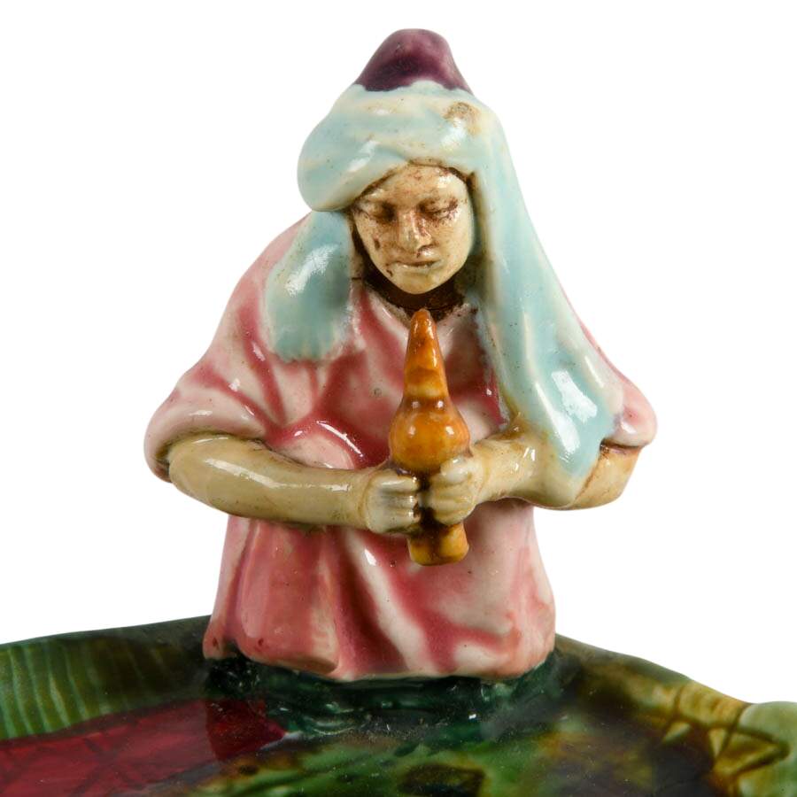Antique Snake Charmer Majolica Trinket Dish-2