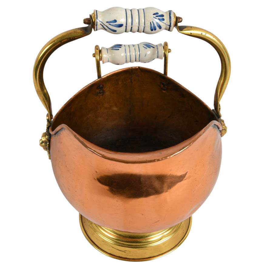Antique Copper Coal Bucket with Delft Handles-3