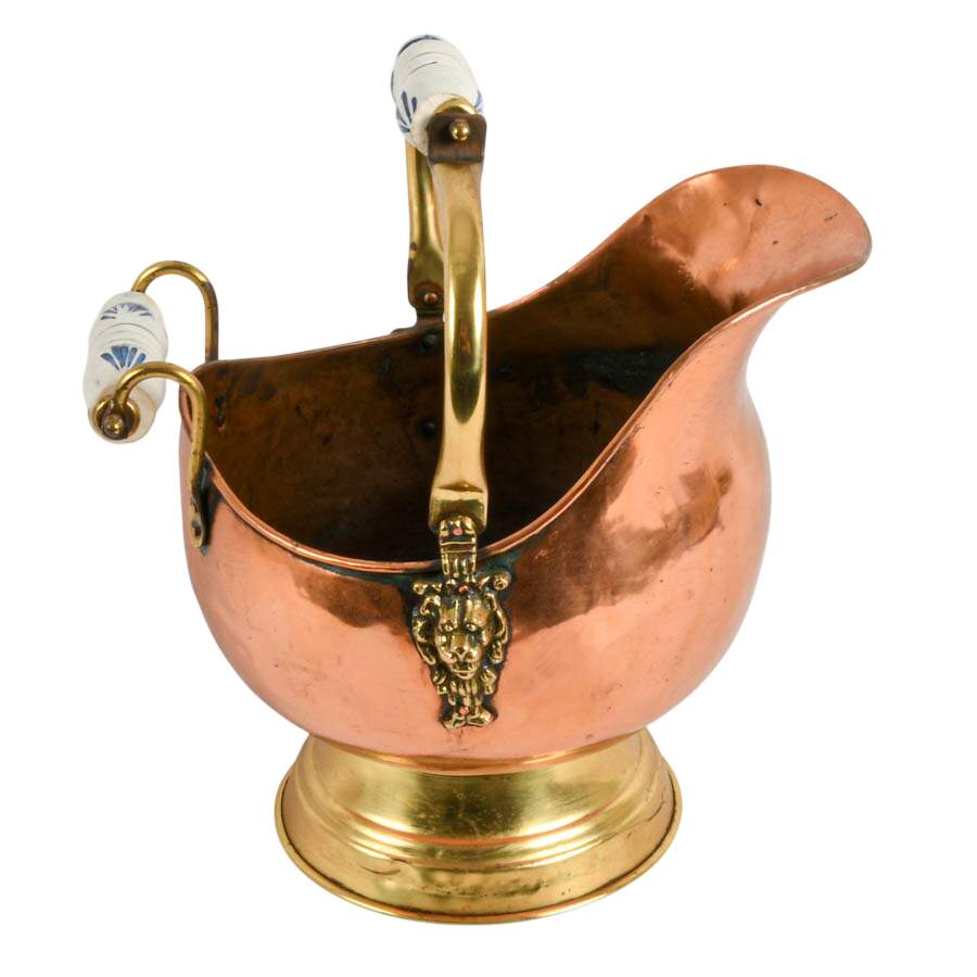 Antique Copper Coal Bucket with Delft Handles-1