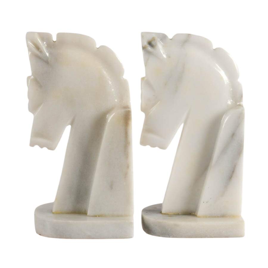 White Onyx Mid-Century Carved Horsehead Bookends-1