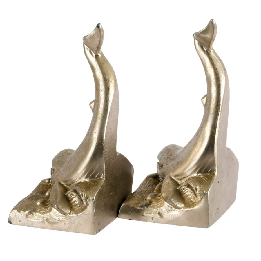 Pair of Vintage Brushed Nickel Whale Bookends After P.M. Craftsman-4