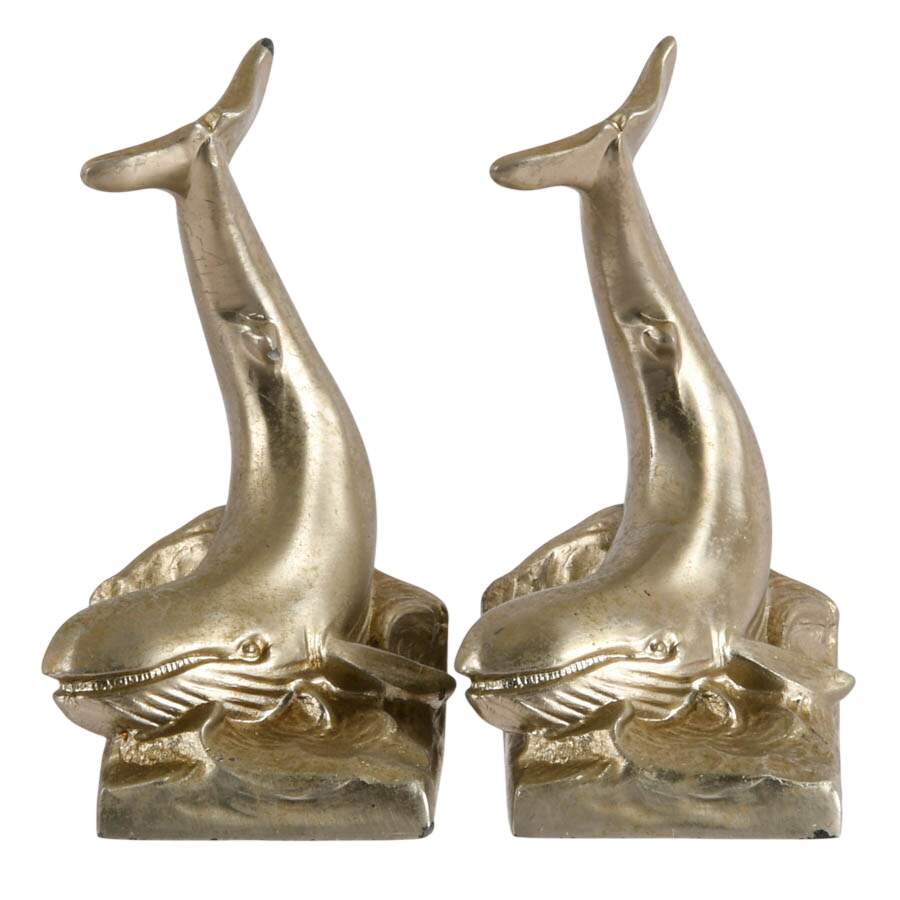Pair of Vintage Brushed Nickel Whale Bookends After P.M. Craftsman-1