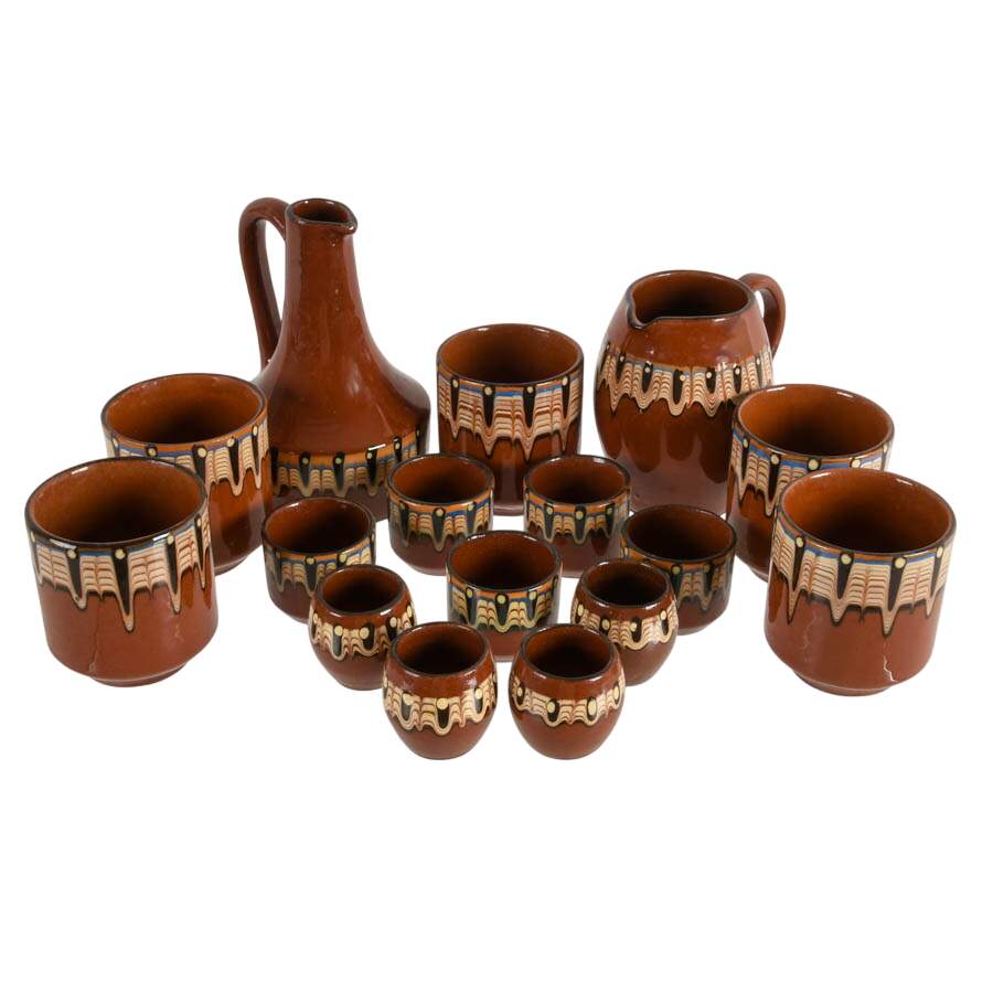 Vintage Bulgarian Sixteen Piece Troyan Drip Glaze Drinkware Set-1