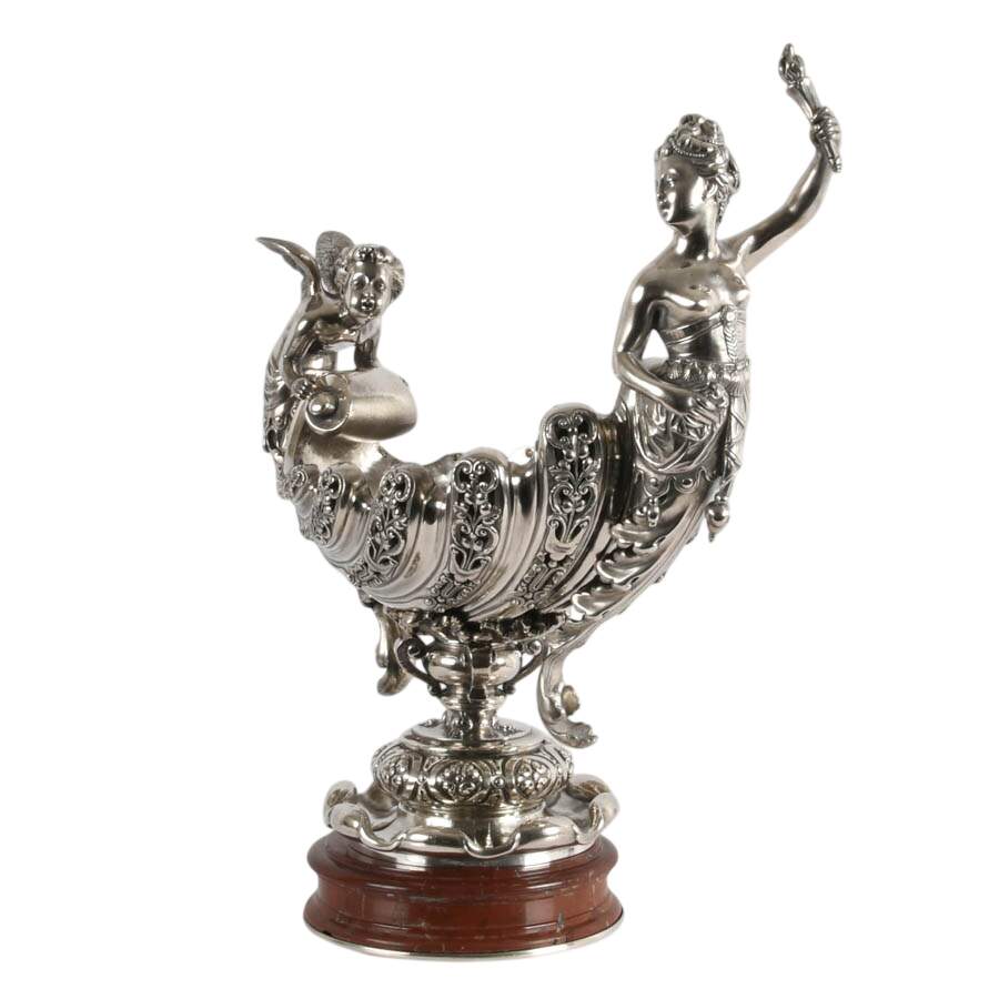 Antique Silver-Plate Liberty and Cherub Figural Centerpiece on Marble Base-3