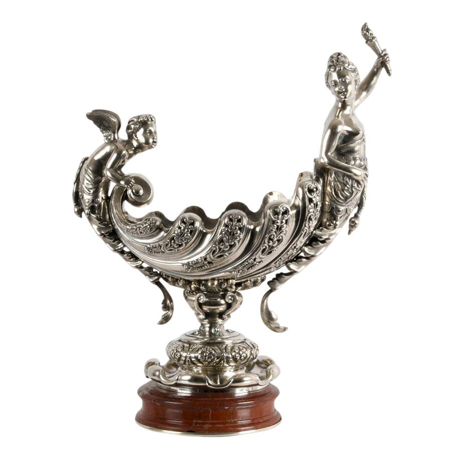Antique Silver-Plate Liberty and Cherub Figural Centerpiece on Marble Base-1