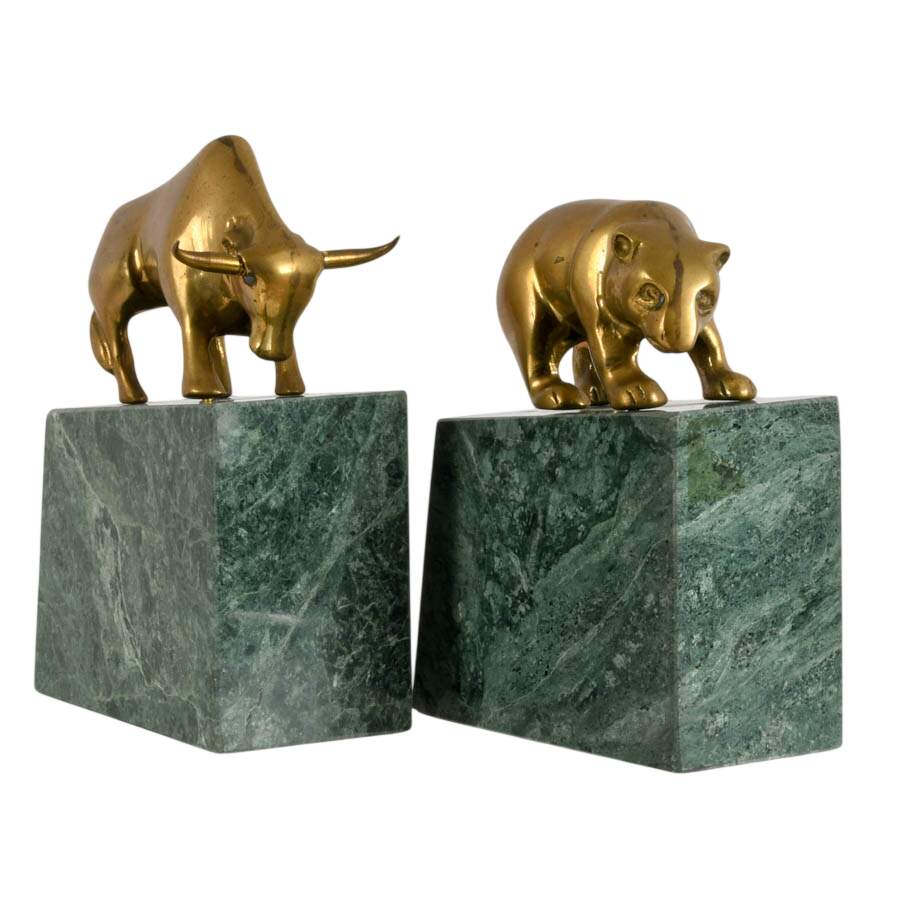 Pair of Art Deco Brass and Green Marble Bull and Bear Bookends-5