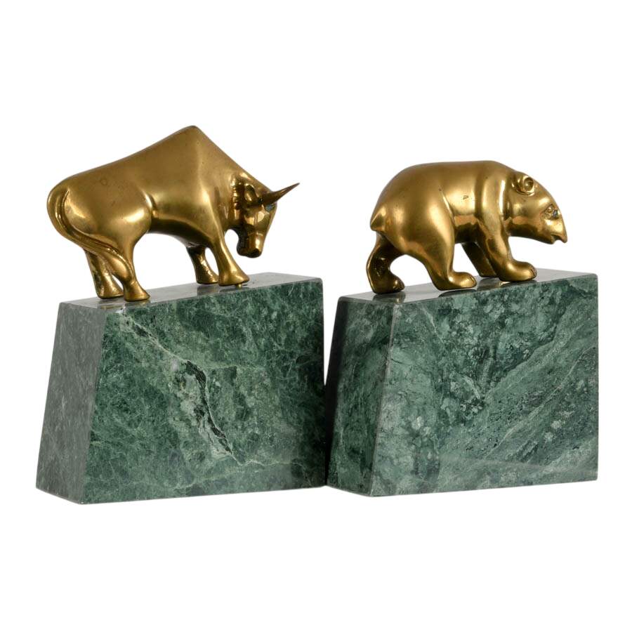 Pair of Art Deco Brass and Green Marble Bull and Bear Bookends-4
