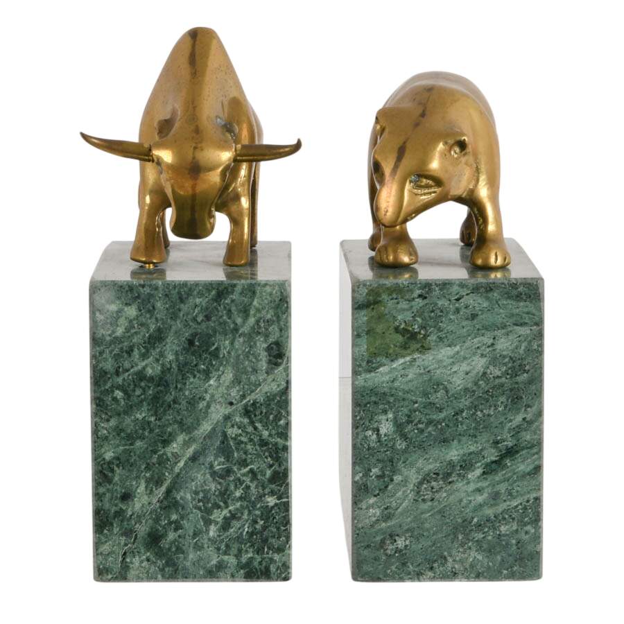 Pair of Art Deco Brass and Green Marble Bull and Bear Bookends-2