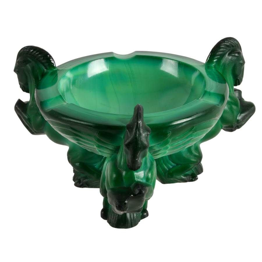 Art Deco Malachite Glass Ashtray by Curt Schlevogt and Lighter-3