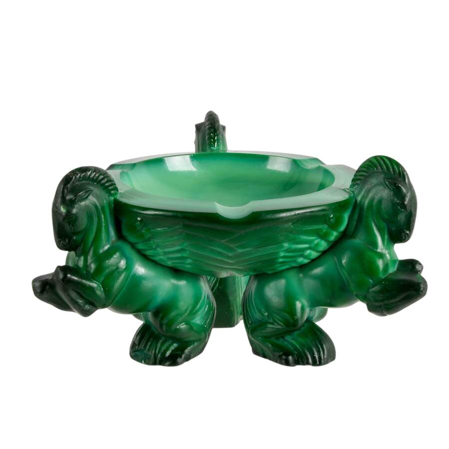 Art Deco Malachite Glass Ashtray by Curt Schlevogt and Lighter-2