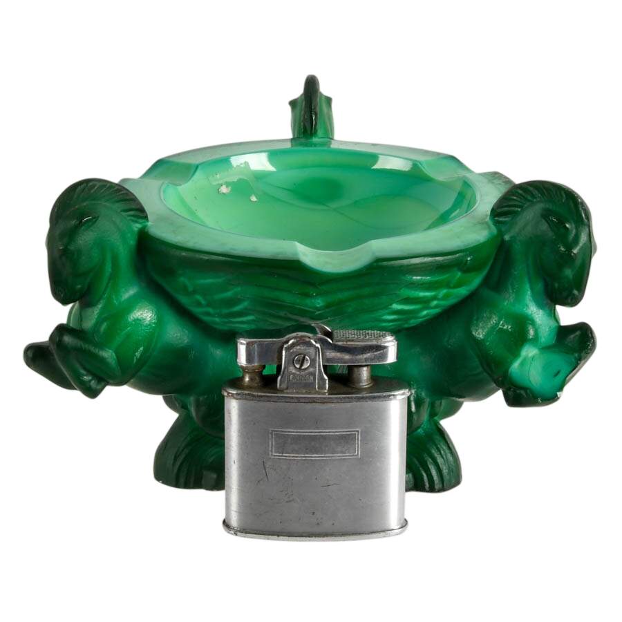 Curt Schlevogt Art Deco Malachite Glass Ashtray and Lighter-1
