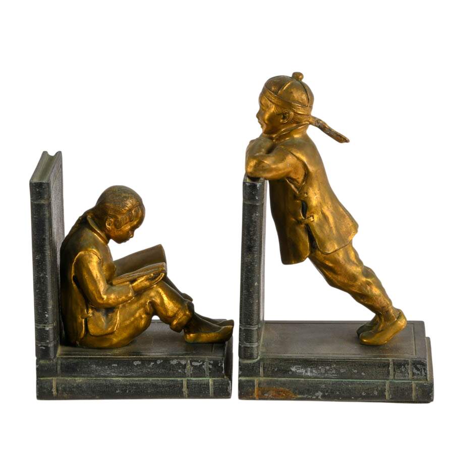 Pair Gilded Metal Clad Chinese Scholar Bookends By Ronson Art Metal Works-7