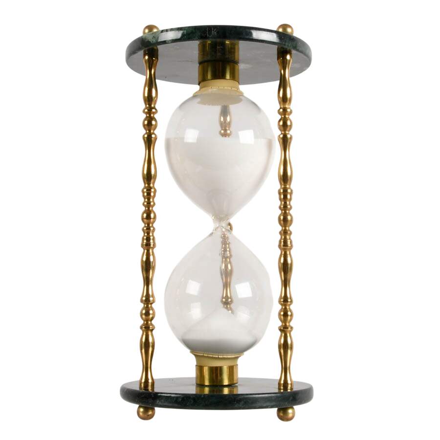 Mid-Century Green Marble Hourglass with Brass Spindles-3