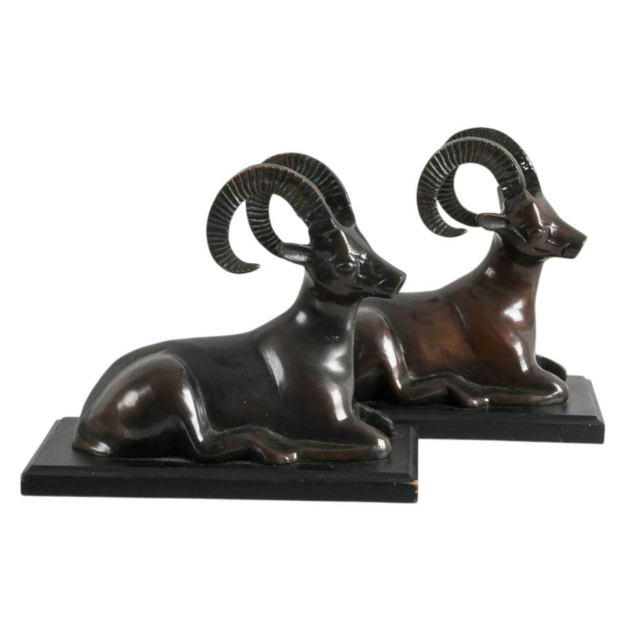 Pair of Cold Painted Spelter Resting Rams Bookends-2