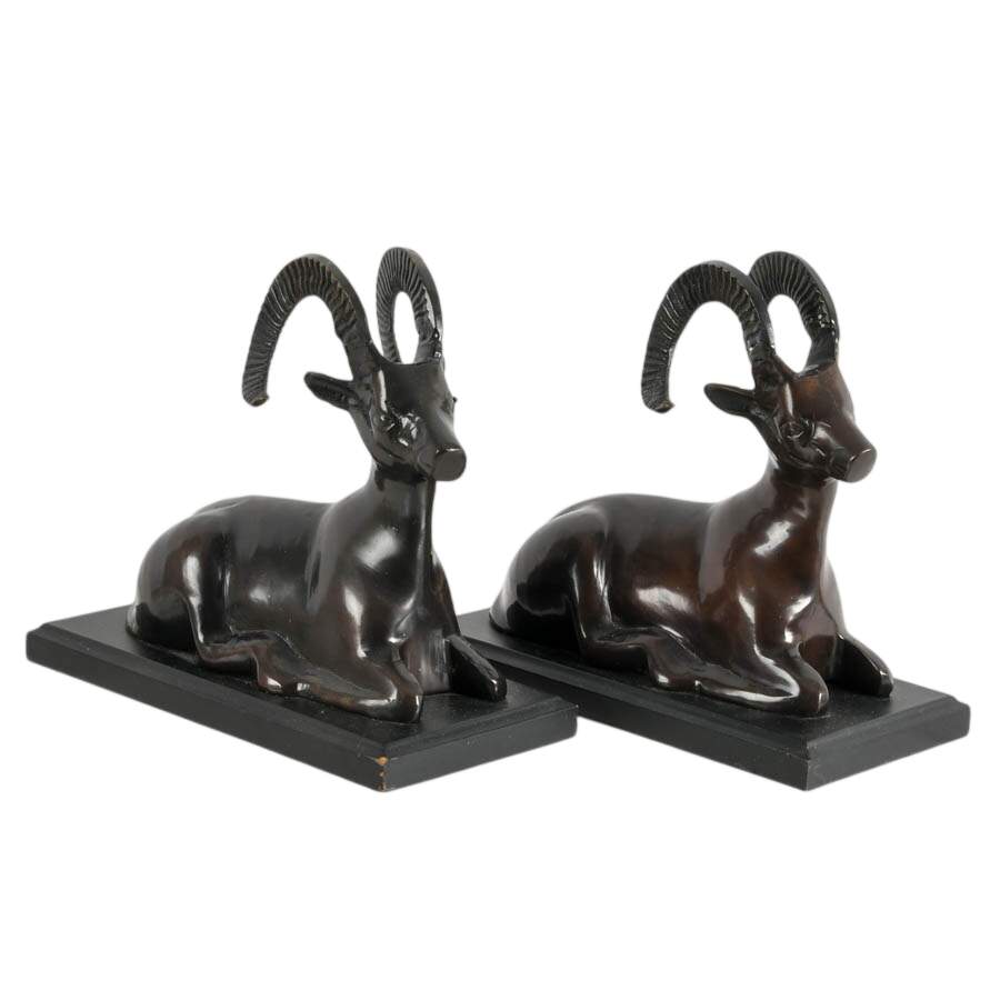 Pair of Cold Painted Spelter Resting Rams Bookends-1