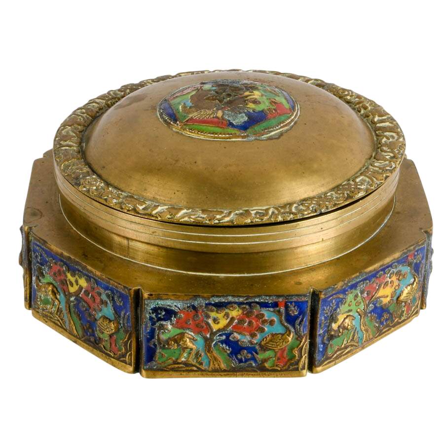 Vintage Chinese Brass and Enamel Tea Caddy-1