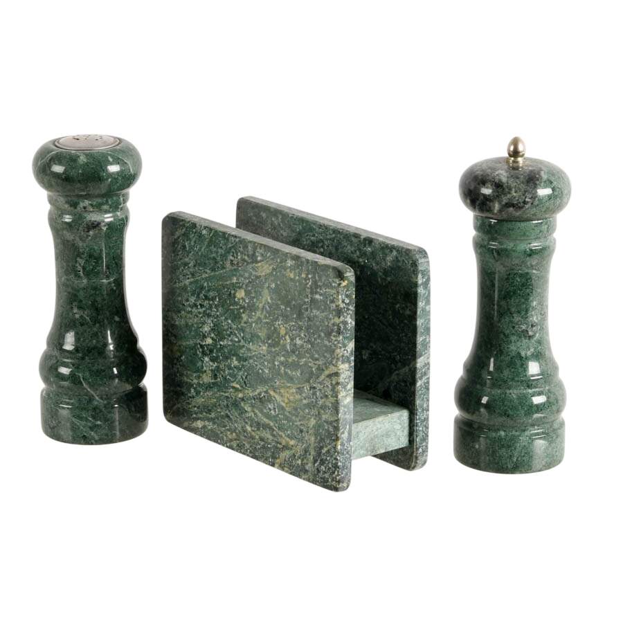 Italian Green Marble Salt and Pepper Set with Napkin Holder-2