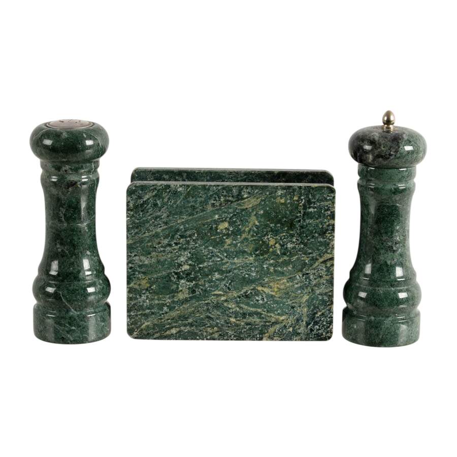 Italian Green Marble Salt and Pepper Set with Napkin Holder-1