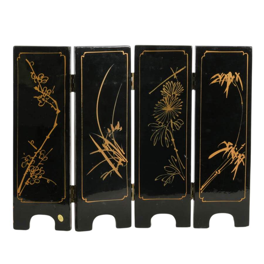Chinese Hand-Painted Mother of Pearl Four Paneled Desk Screen-4
