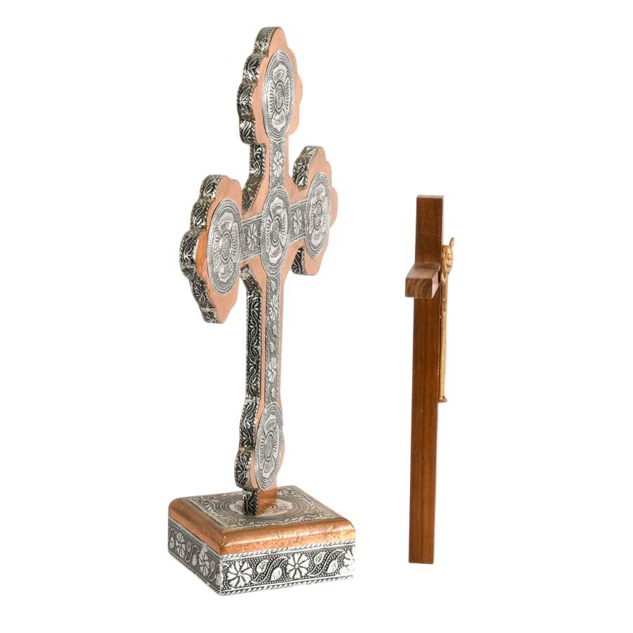 Copper and Silverplate Standing Cross with James Brennan Risen Christ Cross-3