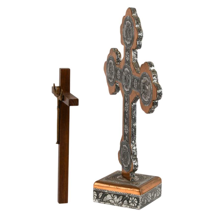 Copper and Silverplate Standing Cross with James Brennan Risen Christ Cross-2