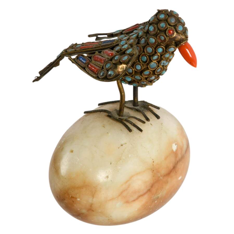 Tibetan Brass Filigree Bird with Inlaid Turquoise and Coral Stone-5