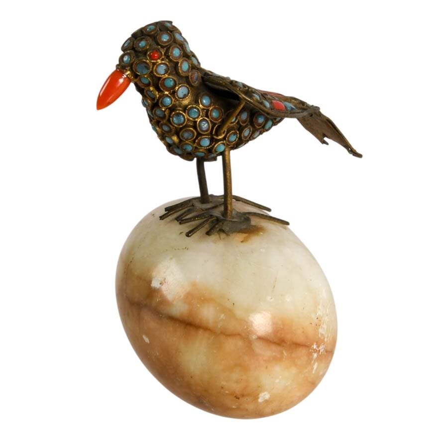 Tibetan Brass Filigree Bird with Inlaid Turquoise and Coral Stone-3