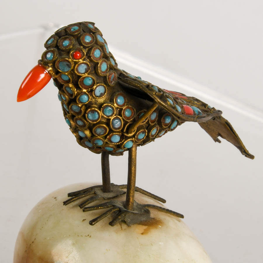 Tibetan Brass Filigree Bird with Inlaid Turquoise and Coral Stone-2