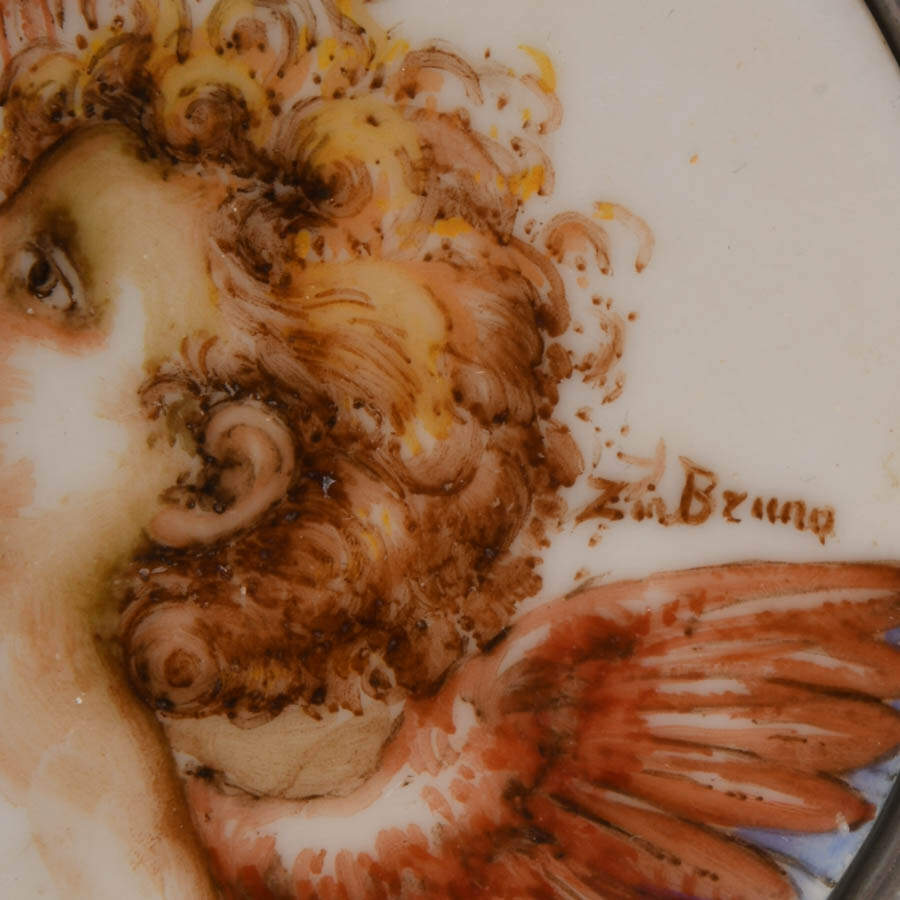 Signed Pair of Hand-Painted Porcelain Cherub Plaques with Embossed Borders-7