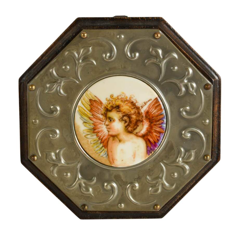 Signed Pair of Hand-Painted Porcelain Cherub Plaques with Embossed Borders-5