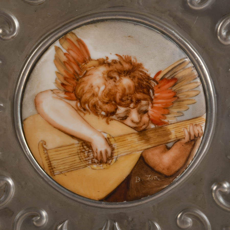 Signed Pair of Hand-Painted Porcelain Cherub Plaques with Embossed Borders-3