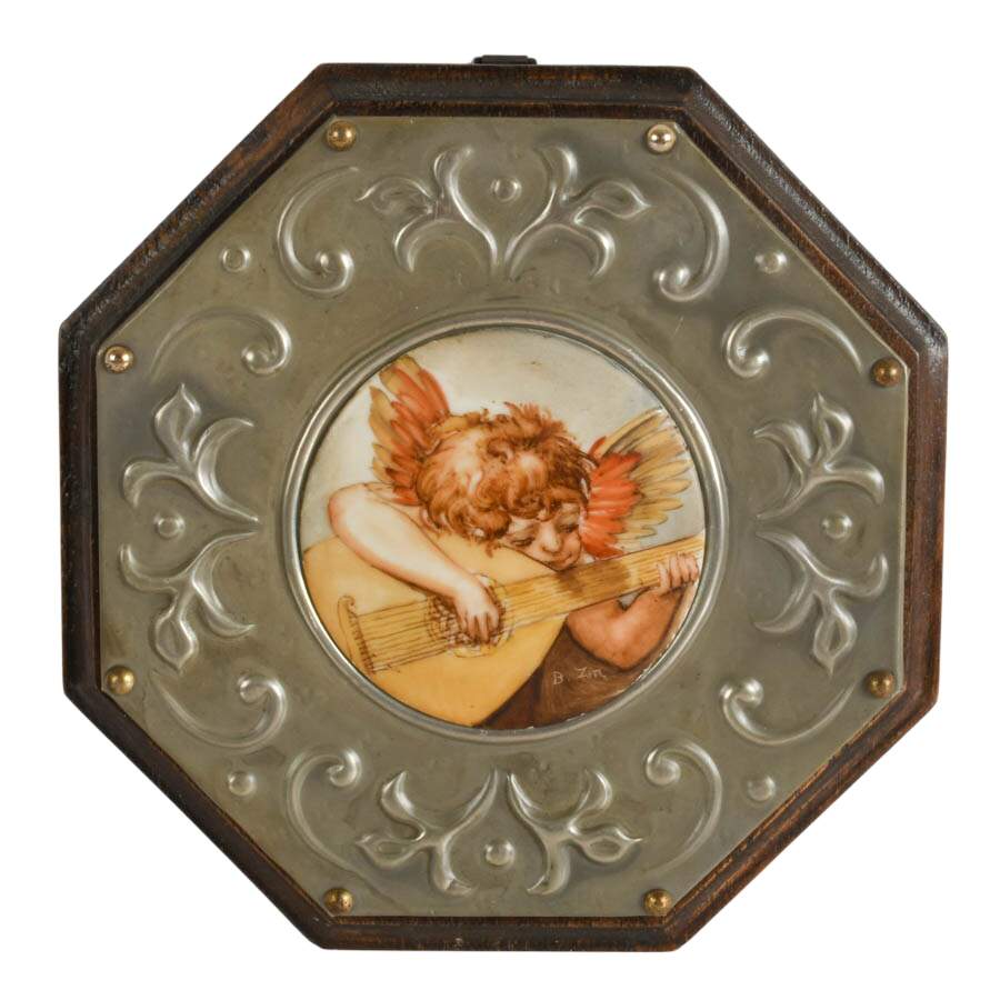 Signed Pair of Hand-Painted Porcelain Cherub Plaques with Embossed Borders-2