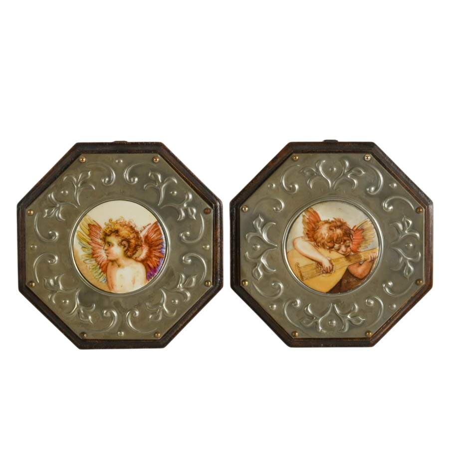 Signed Pair of Hand-Painted Porcelain Cherub Plaques with Embossed Borders-1