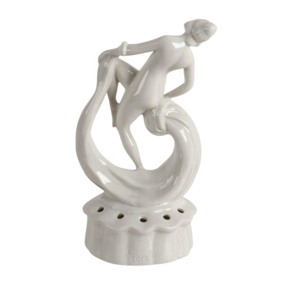 Vintage German Art Deco White Porcelain Coronet Dancer Flower Frog-6