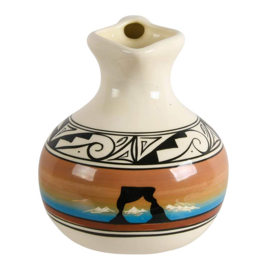 Signed Navajo Hand-Painted Desert Sunset Pottery Pitcher-4