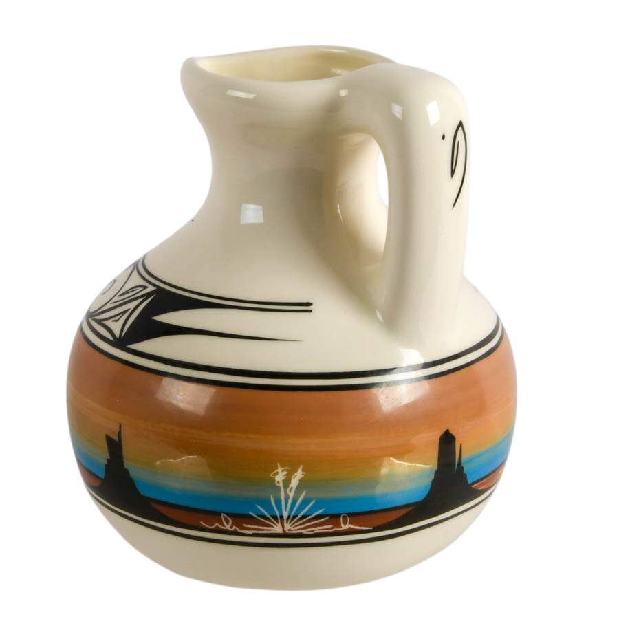 Signed Navajo Hand-Painted Desert Sunset Pottery Pitcher-2