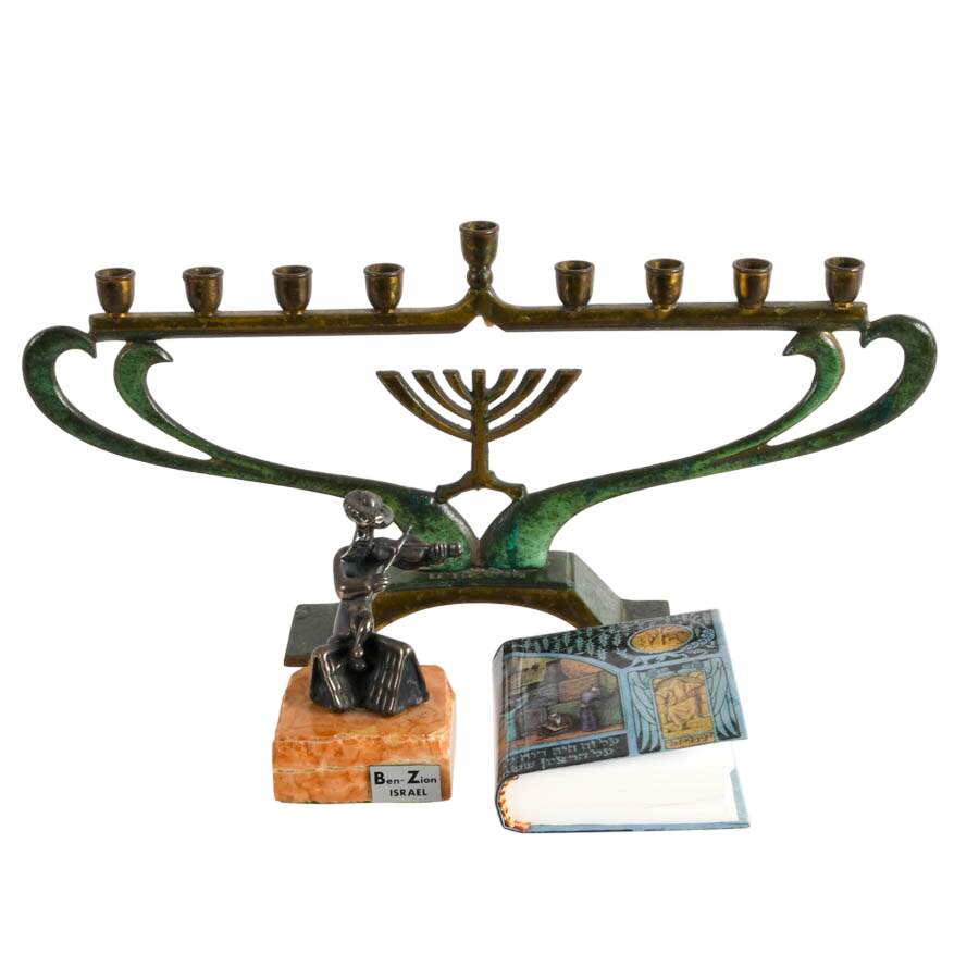 Bronze Menorah with Dual Language Psalm Book and Sterling Ben-Zion Fiddler-3