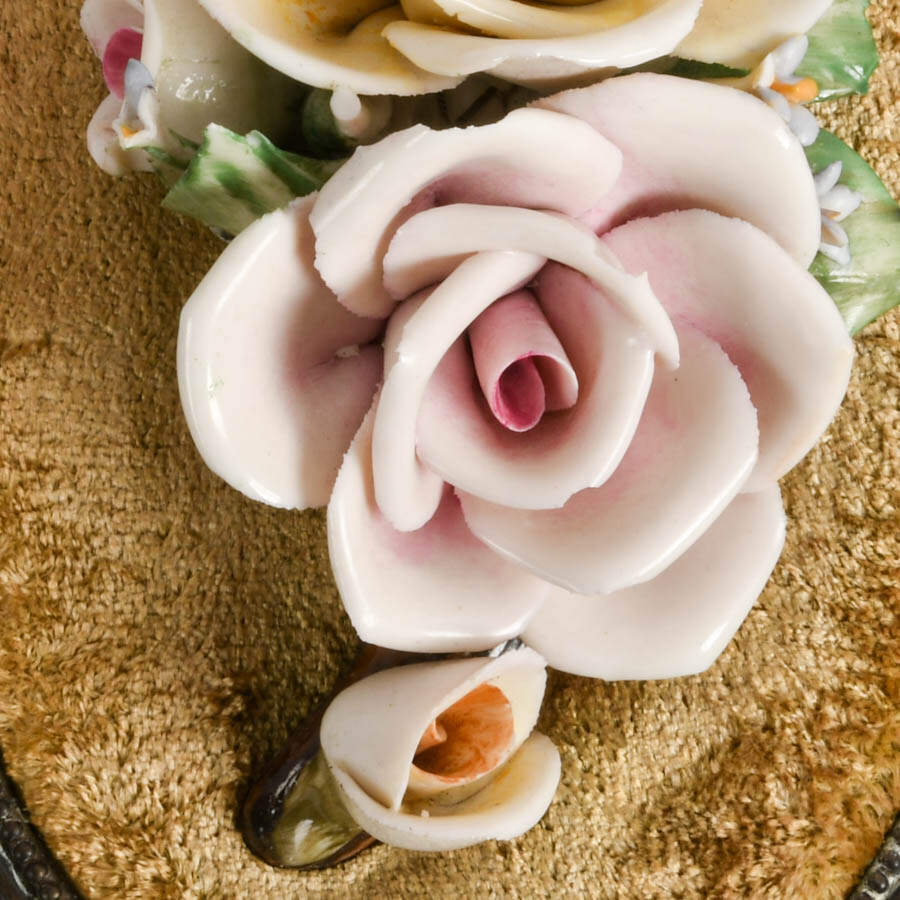 Antique Pair of Capodimonte Porcelain and Brass Ornate Roses in Frame-5