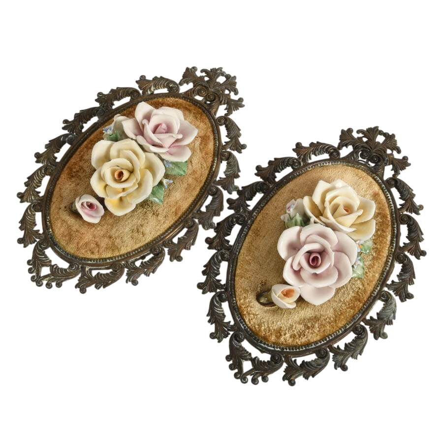 Antique Pair of Capodimonte Porcelain and Brass Ornate Roses in Frame-4