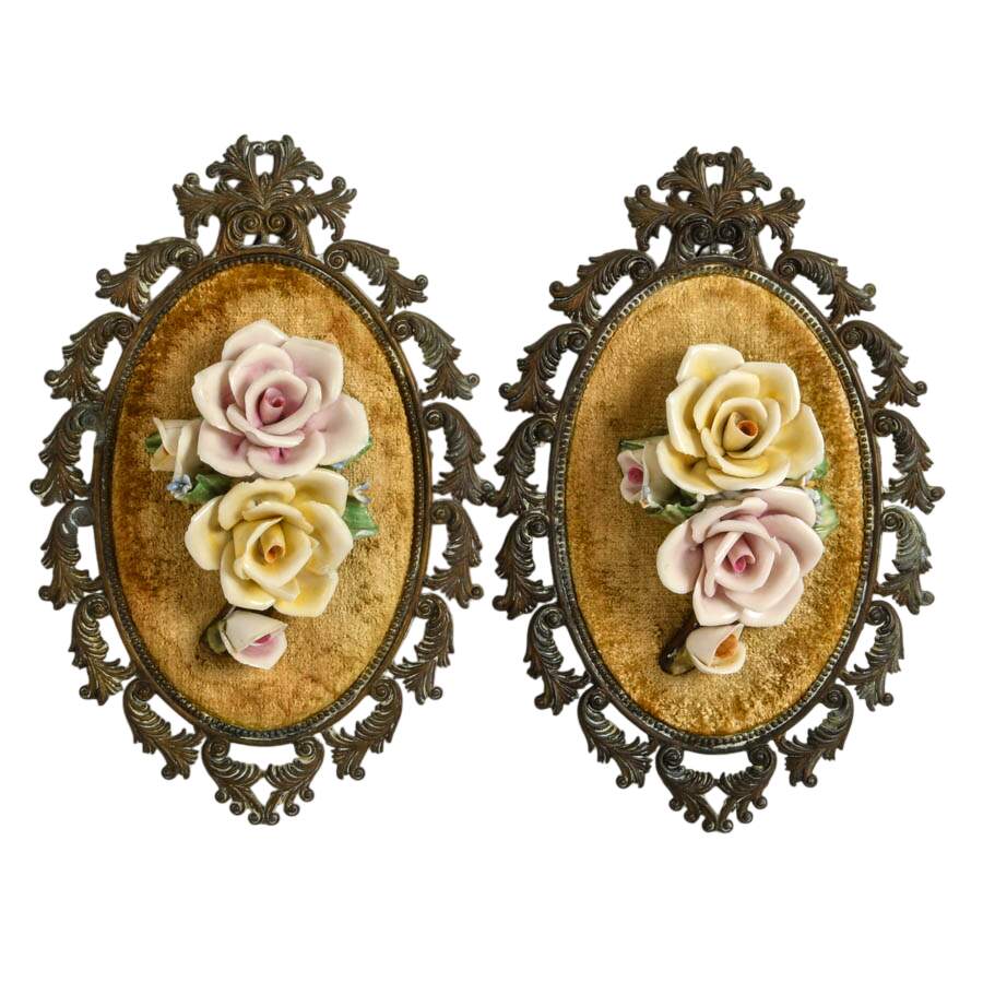 Antique Pair of Capodimonte Porcelain and Brass Ornate Roses in Frame-1