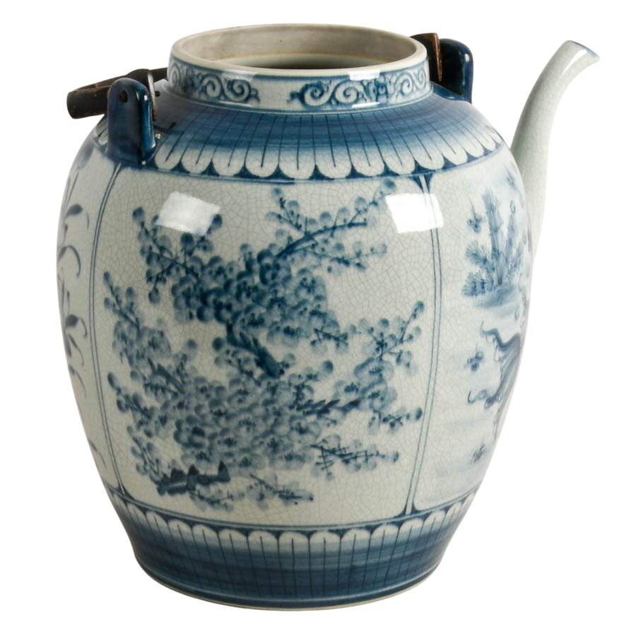 Large Antique Chinese Hand-Painted Blue Porcelain Tea Pot-6