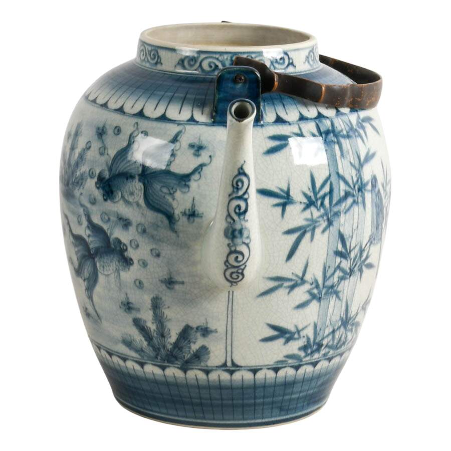Large Antique Chinese Hand-Painted Blue Porcelain Tea Pot-5