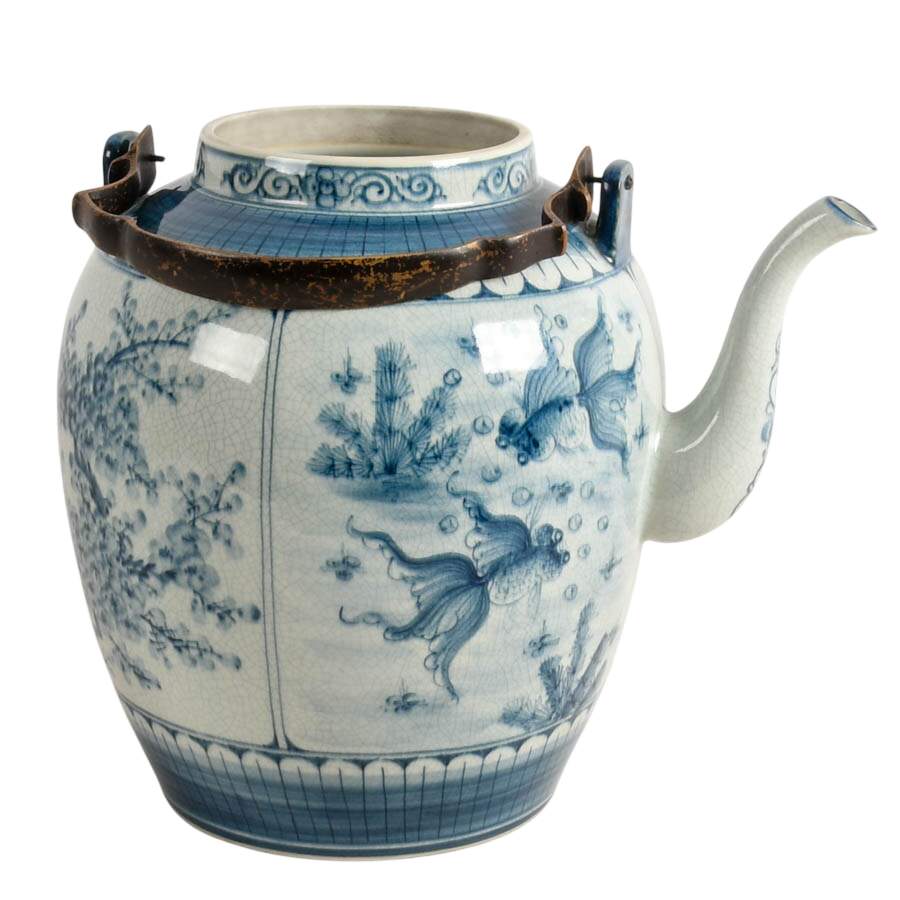Large Antique Chinese Hand-Painted Blue Porcelain Tea Pot-4