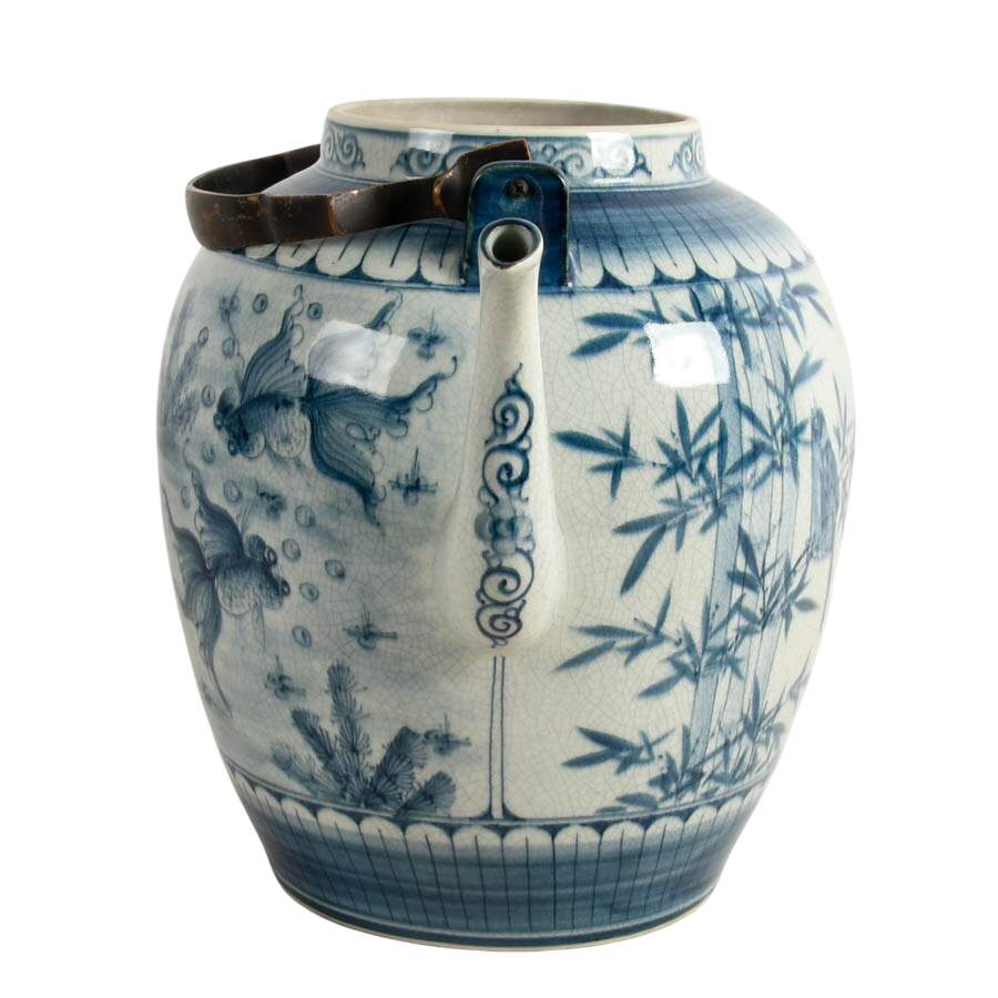 Large Antique Chinese Hand-Painted Blue Porcelain Tea Pot-3